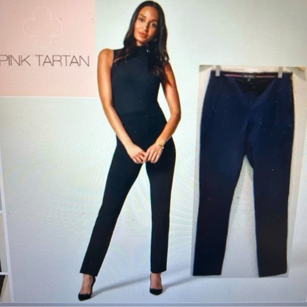 PINK TARTAN NAVY BLUE STRAIGHT SKINNY LEGS MID RISE ZIPPED